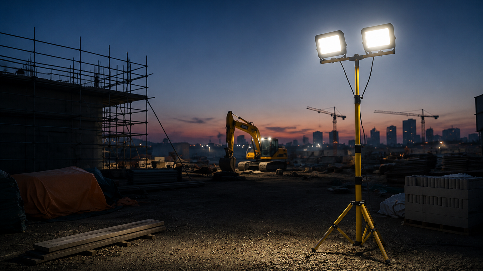 WADE LIGHT tripod work light illuminating a construction site at dusk